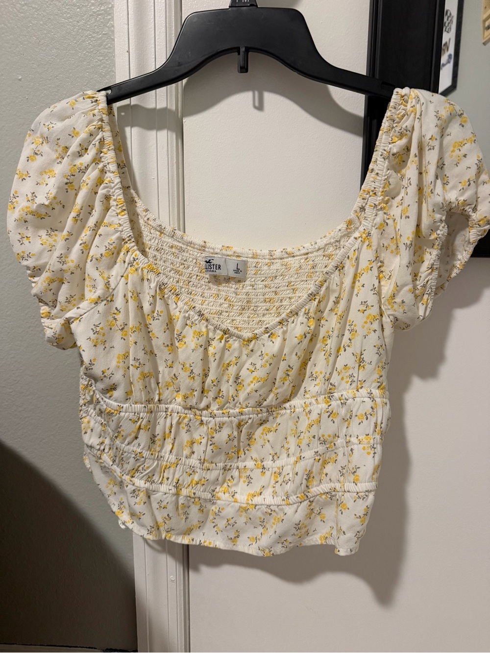 Hollister White Floral Smocked Crop Top with Yellow Print